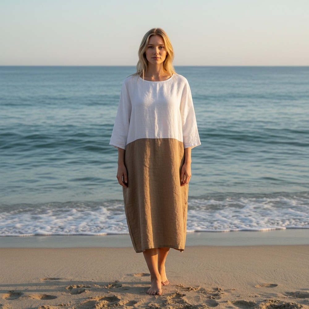 Vanessa Zani Tunic Top Wmns L White Tan Linen Colorblock Made in Italy Lagenlook